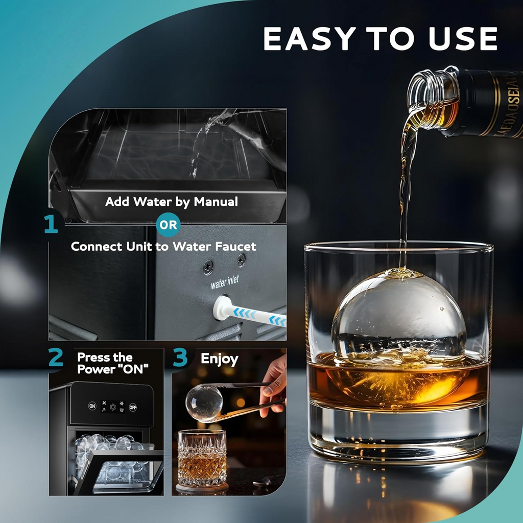 Countertop Ice Ball Maker | 144Pcs/Day, 4Pcs Ready in 40Mins | Self-Cleaning, Crystal Clear Sphere Ice for Whiskey/Brandy/Rum