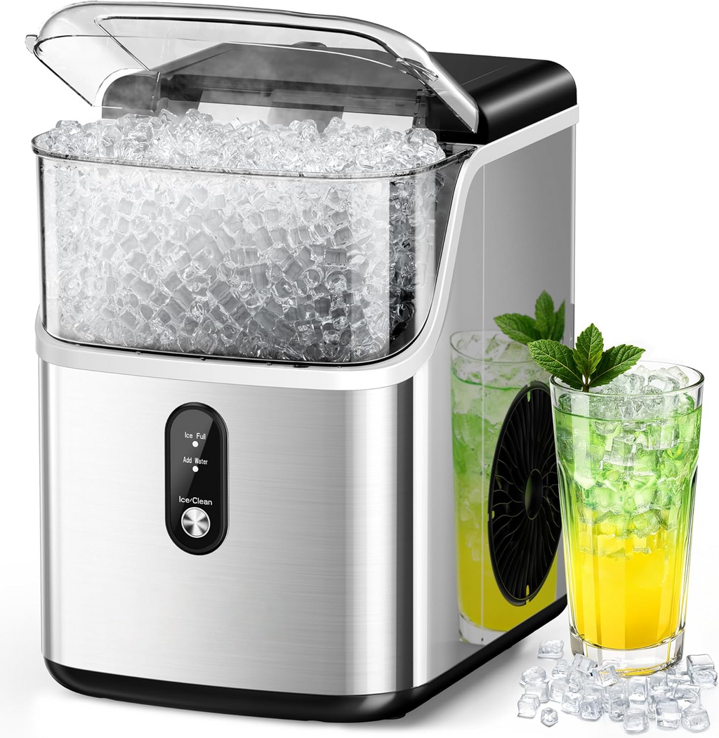 35Lbs/24H Countertop Sonic Pebble Ice Maker - Self-Cleaning Stainless Steel with Scoop & Basket, Silver