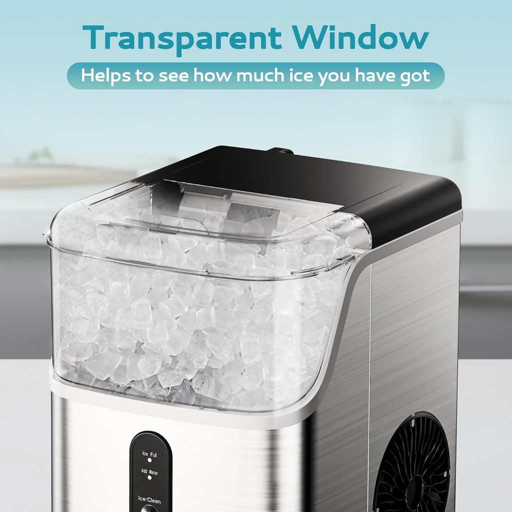 35Lbs/24H Countertop Sonic Pebble Ice Maker - Self-Cleaning Stainless Steel with Scoop & Basket, Silver