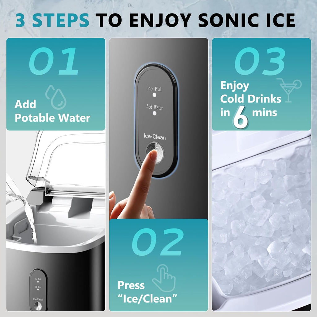 Countertop Portable Sonic Ice Maker - 6Mins Ready, 34Lbs/Day