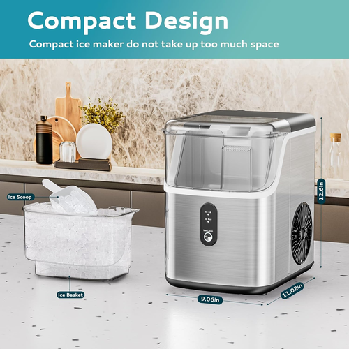 35Lbs/24H Countertop Sonic Pebble Ice Maker - Self-Cleaning Stainless Steel with Scoop & Basket, Silver